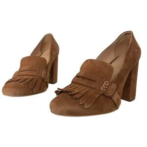 Boden Sol Block Kiltie Tassel Heeled Penny Loafers Tan Suede Loafers Womens 38 7